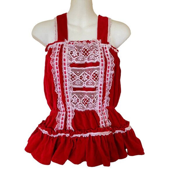 Gothic Lolita Cosplay Harajuku Top Handmade Red Corduroy & Lace Ruffles - Picture 1 of 5